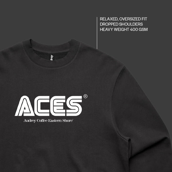 Aces coal jumper close up, with fabric information (heavy weight 400gsm)