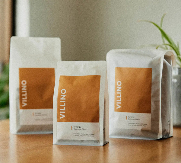 3 packets of Villino coffee beans on a table at Audrey Coffee, Hobart's best coffee shop