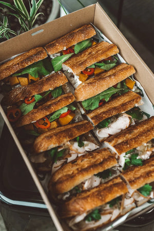 baguettes in a tray, ready for catering service at Audrey Coffee's Rosny Park coffee shop in Hobart